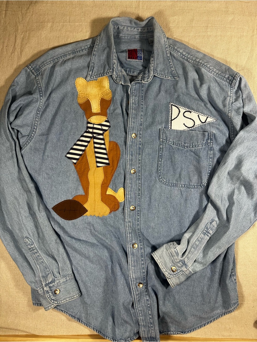 PSU embroidered patches on vintage Sun Belt denim button up - size Large
